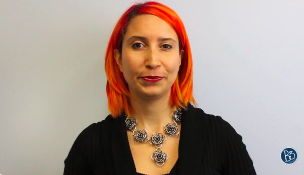 Rebeca Mojica wearing chainmaille necklace - black, grey, silver