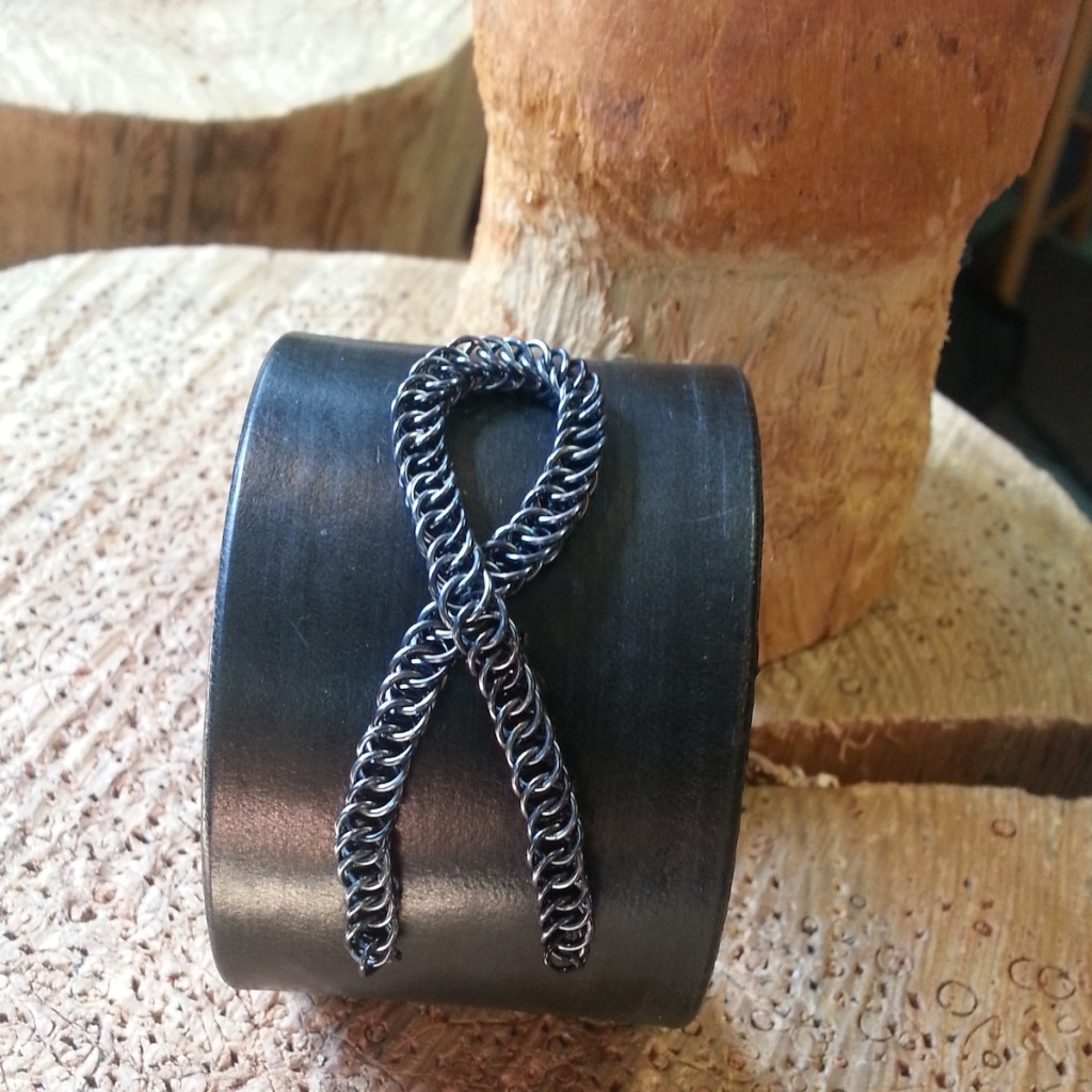Brain Tumor Awareness cuff with grey chainmaille and black leather.