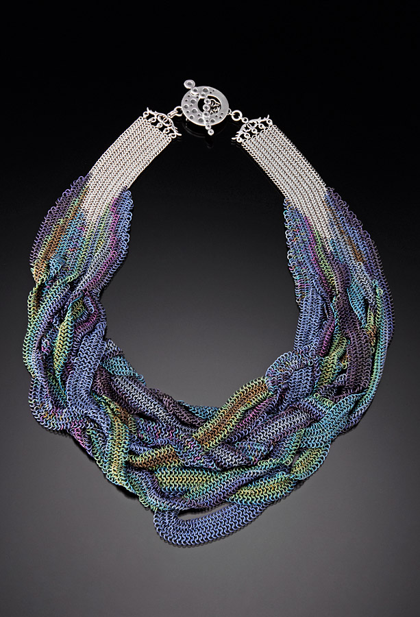chainmaille necklace in anodized titanium by rebeca mojica