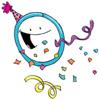 illustration of anthropomorphized jump ring wearing a birthday hat