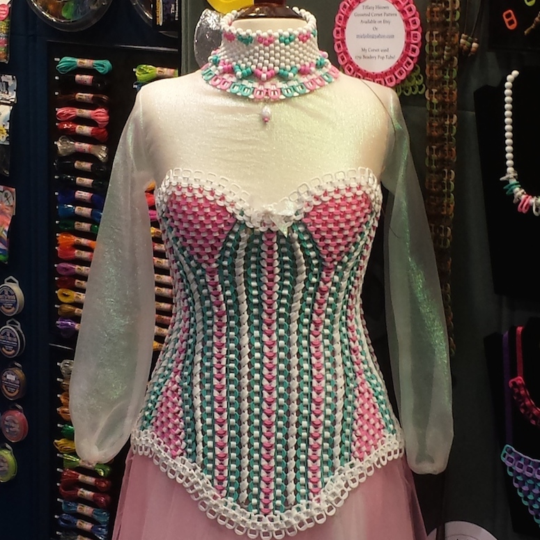 corset made of pop tabs in pink turquiose and white
