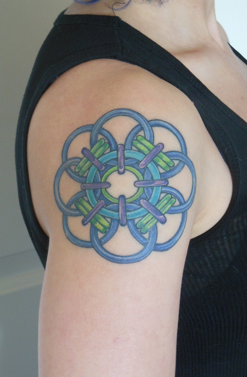 colorful quantum rose chain mail tattoo