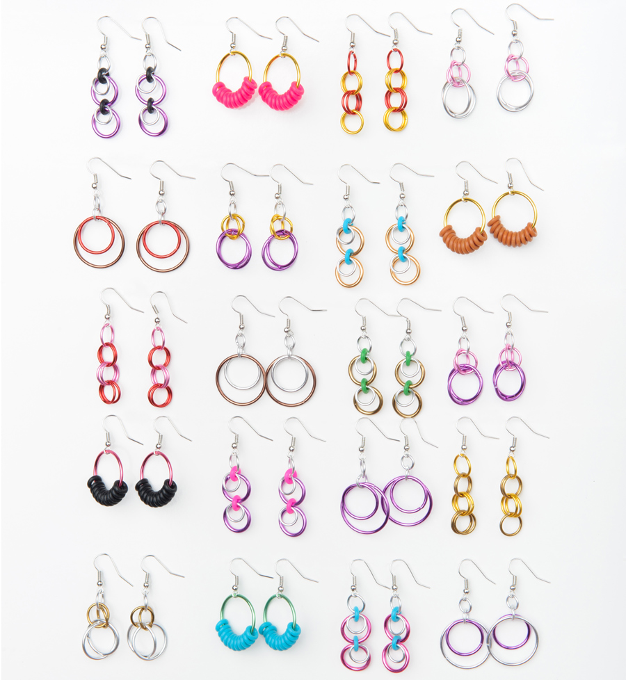 chainmaille earrings in a variety of colors and styles from Hoops and Loops Linkt Craft Kits