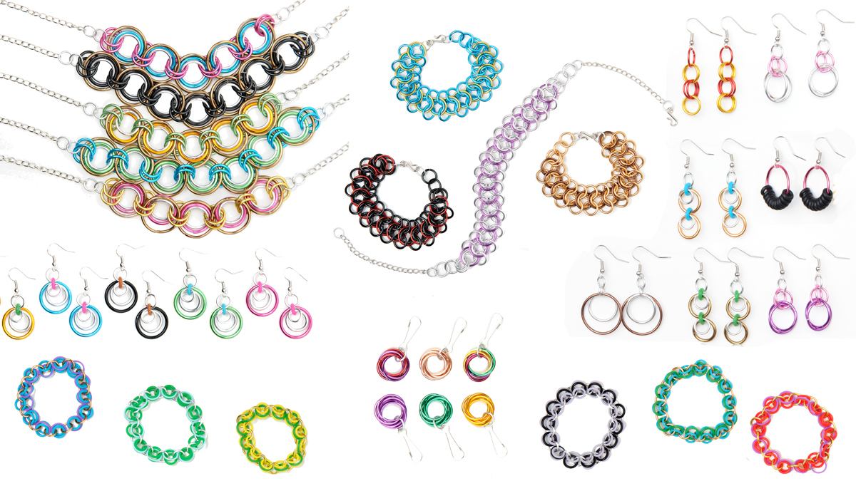 LInkt Craft Kits chainmaille bracelets, necklaces and earrings in a variety of colors