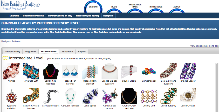 screenshot of blue buddha boutique website chainmaille designs page