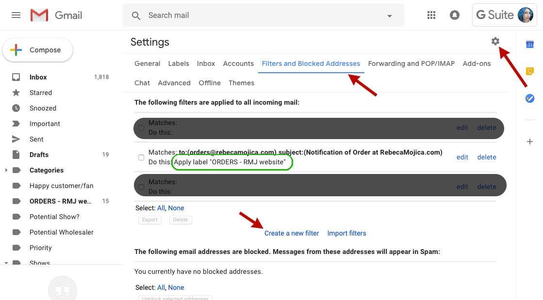 screenshot gmail desktop settings gear icon create new filter