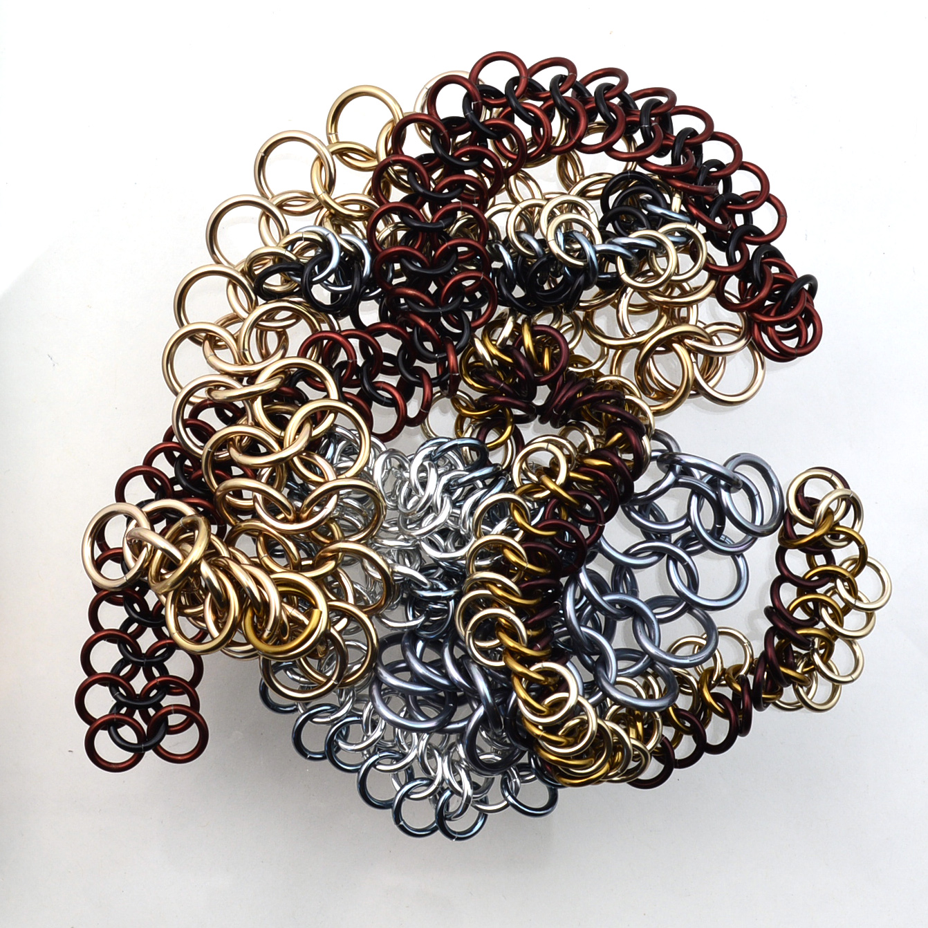 chainmaille mesh scraps in brown, grey and silver