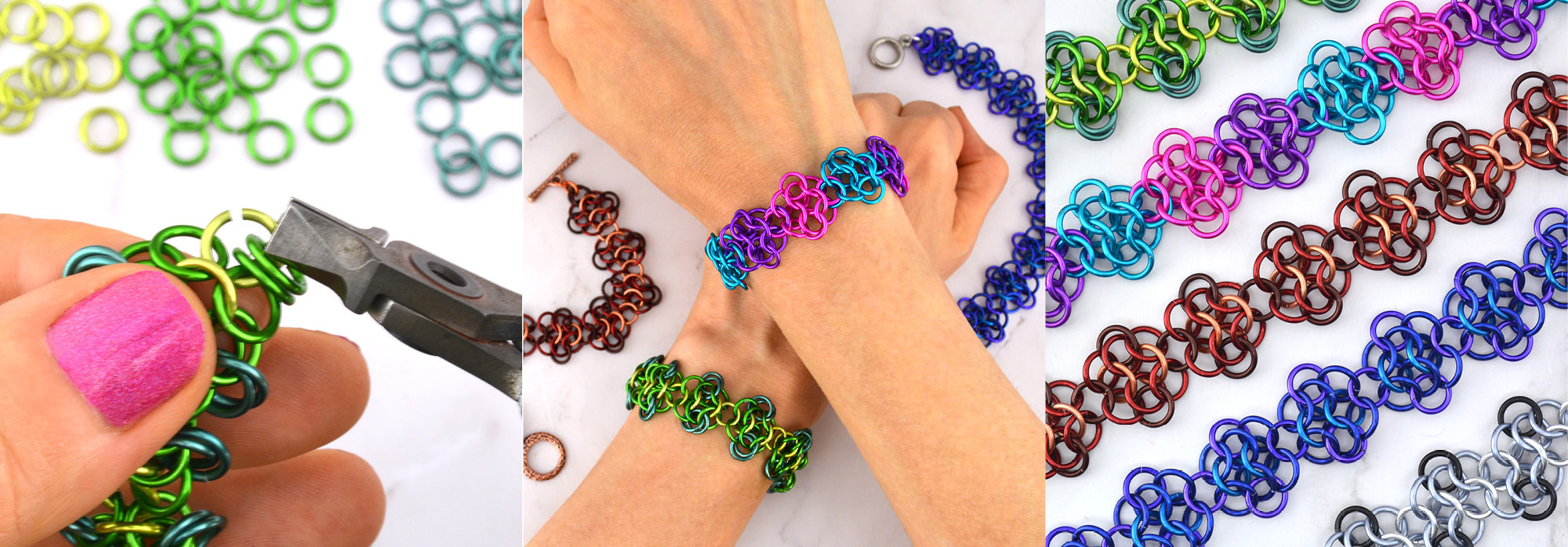 collage of 3 photos showing chainmaille. First image is a closeup showing someone weaving chainmaille with green links. Second image depicts two crossed wrists each with a chainmaille bracelet. The final image shows 5 similar colorful mesh chainmaille swatches on an angle.