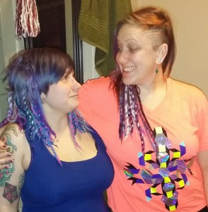 Julia (right), with and B3 marketing director Britt, model Julia's hand-woven and dyed Mystic Locks! 