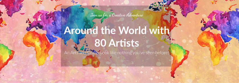 Around The World With 80 Artists header over watercolor map of earth