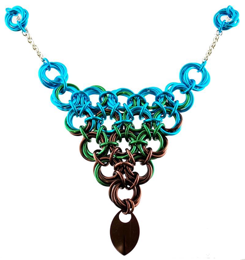 chainmaille necklace with scale in turquoise, green and brown