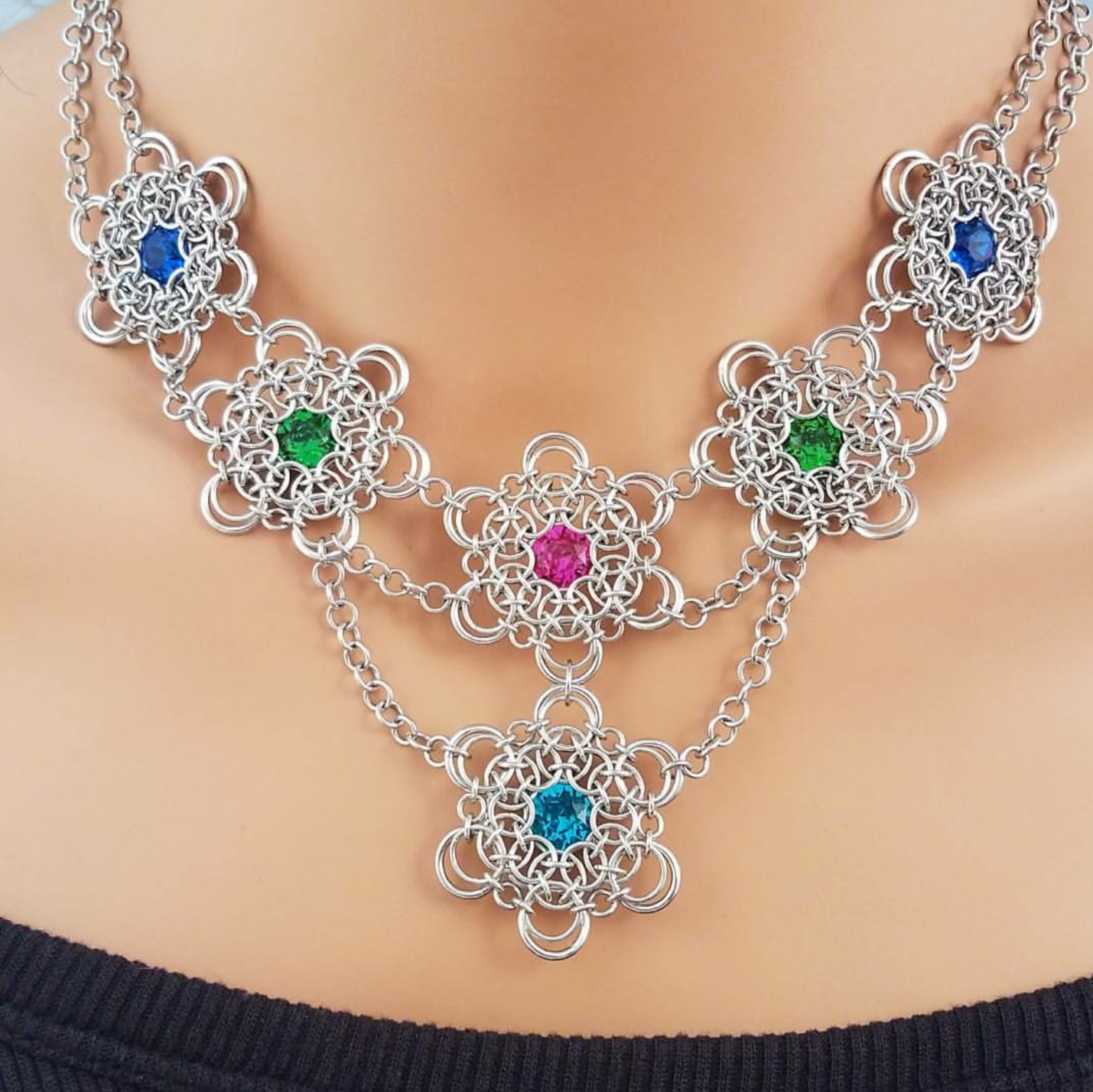 aluminum necklace with colorful stones in What's Up Buttercup weave by Lisa Ellis