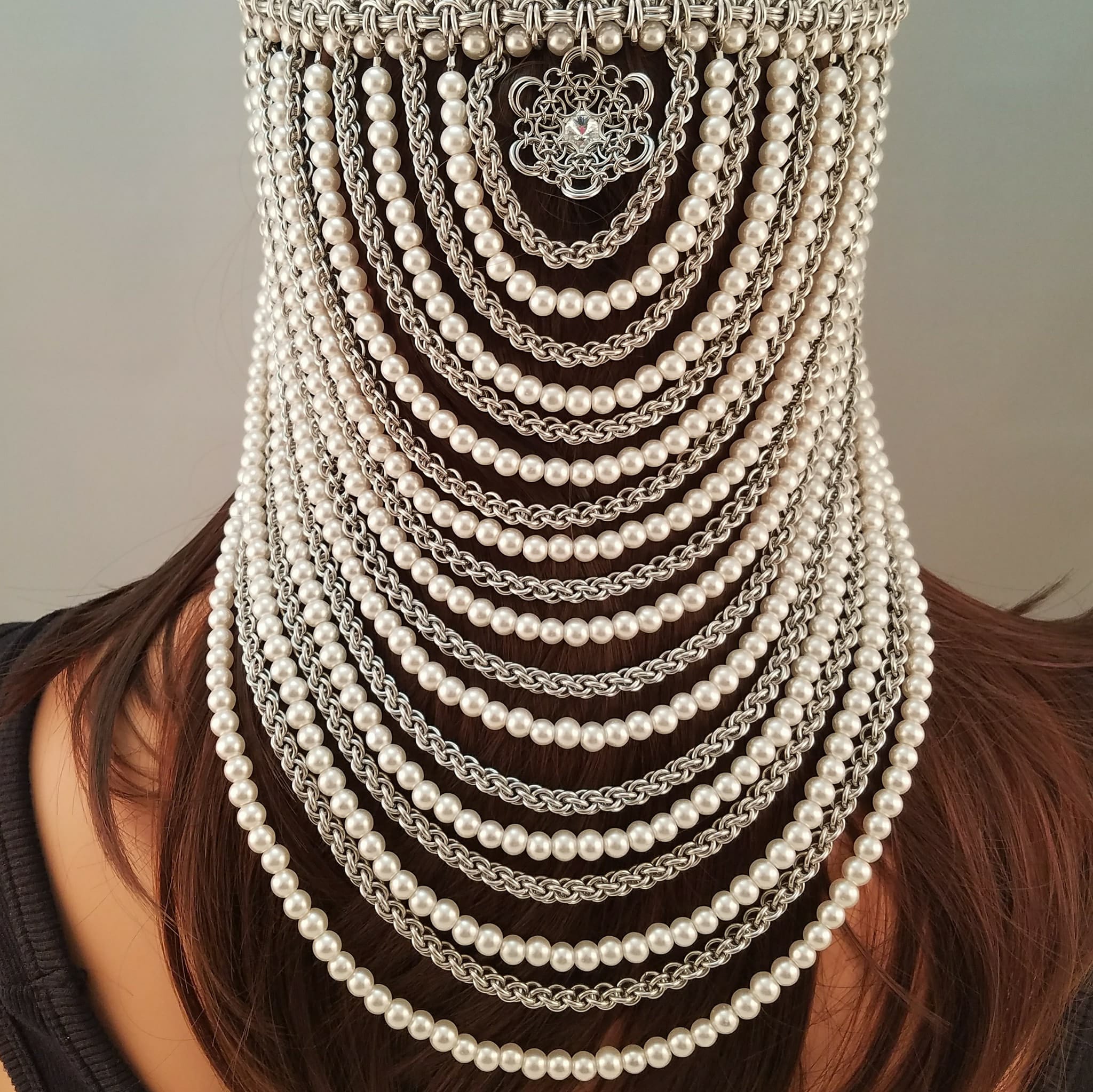 rear view of chainmaille and pearl headpiece
