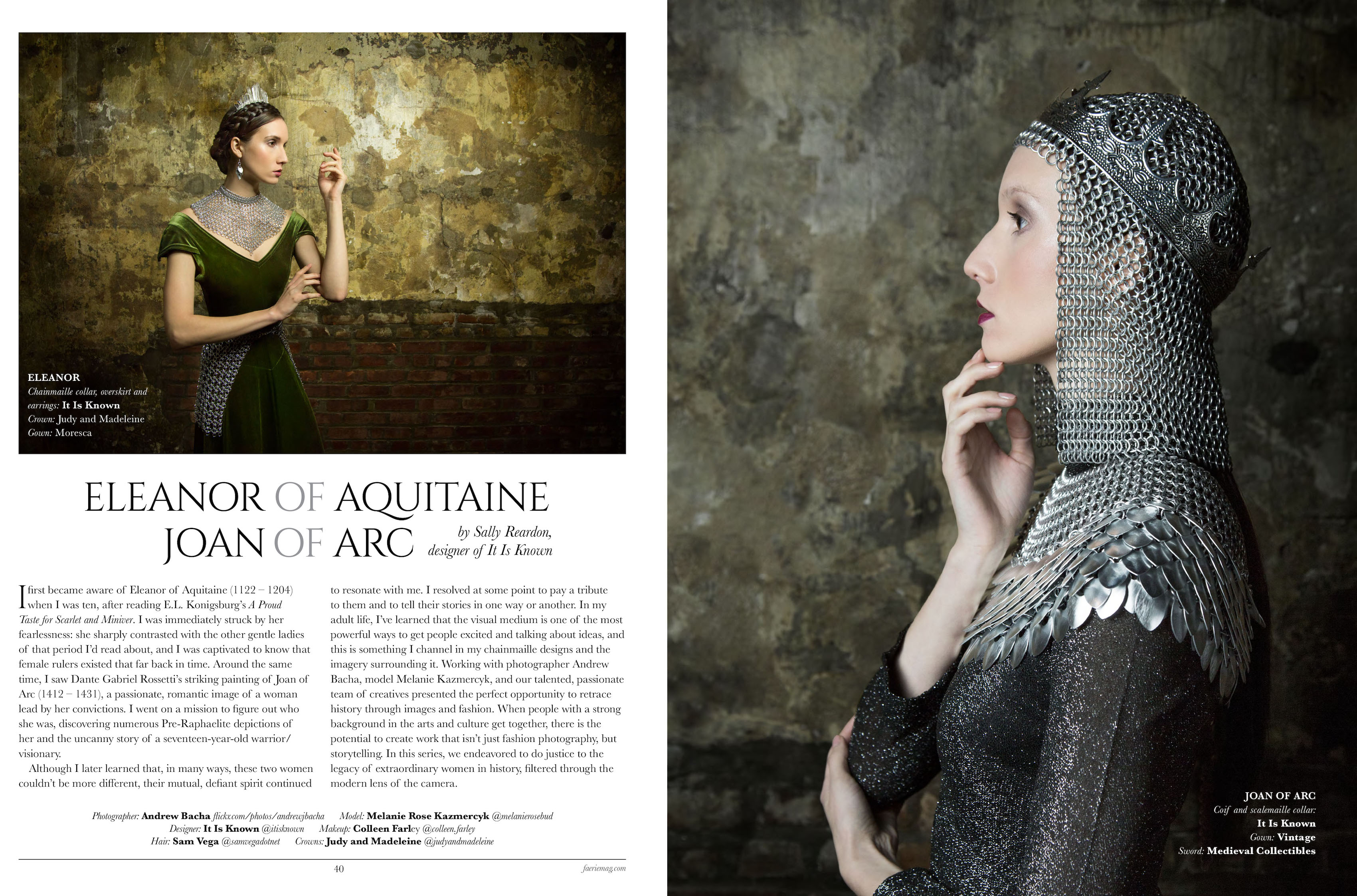 magazine article and photo with Joan of Arc style chainmaille
