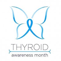 logo for Thyroid Awareness Month showing a butterfly; the middle of the butterfly is a blue ribbon joined