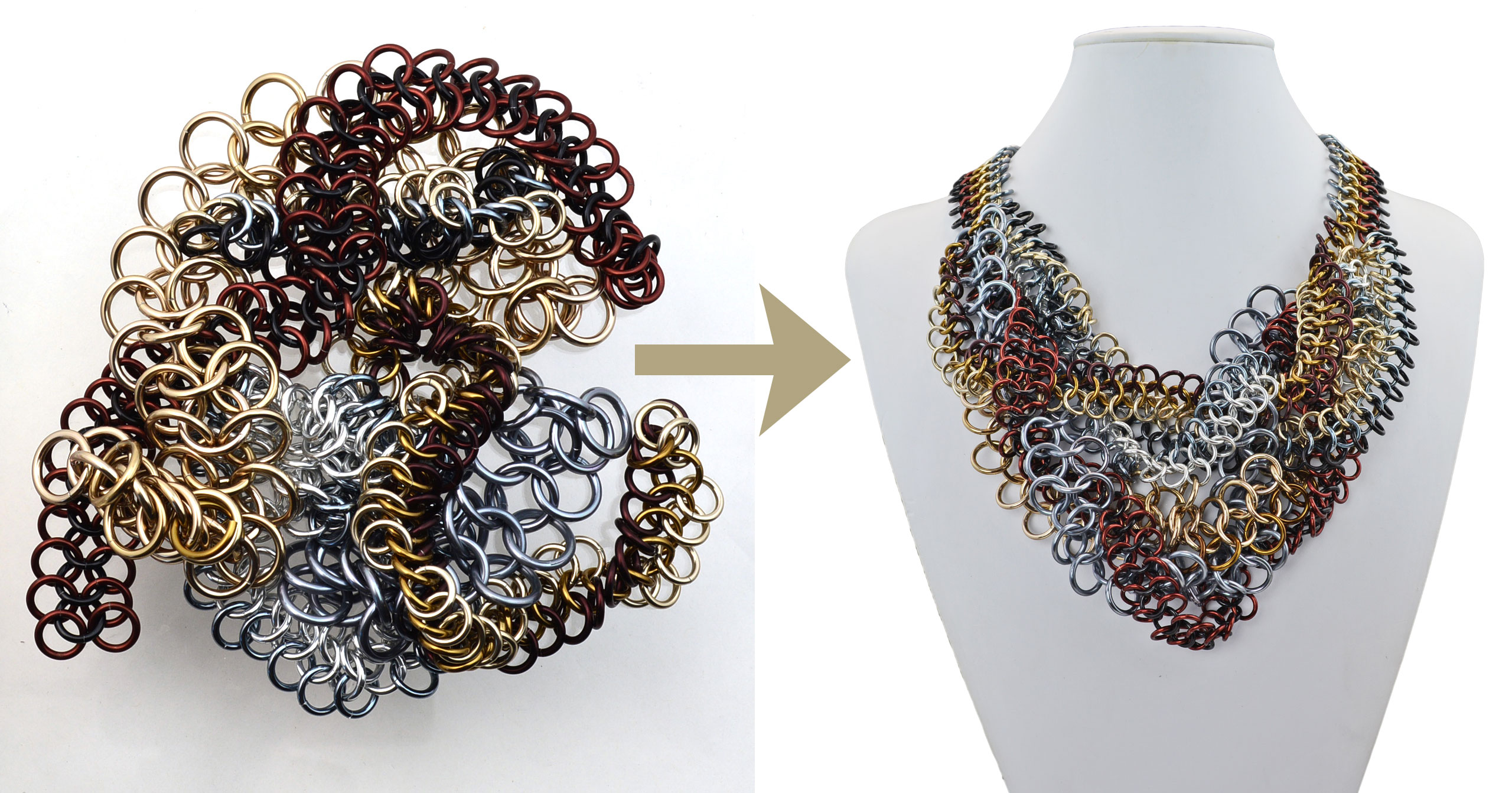 pile of metal mesh links at left with arrow pointing to assembled necklace made from the links at right