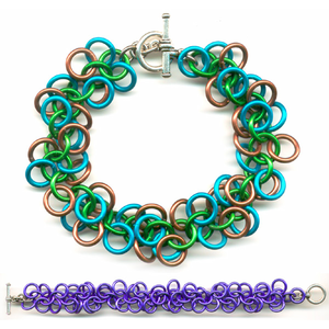 shaggy loops bracelet in turquoise green and brown and purple shaggy loops chain mail